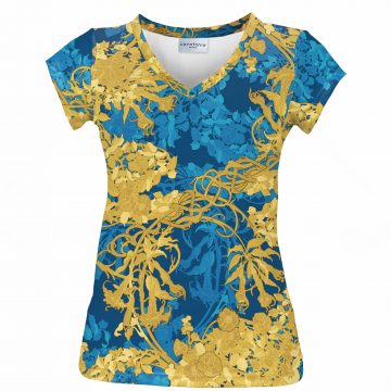 t-shirt v-neck z nadrukiem