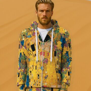 Artystyczna bluza z kapturem, wzór Pocałunek Klimta, bawełniany meszek, dwie kieszenie, wygodny fason.